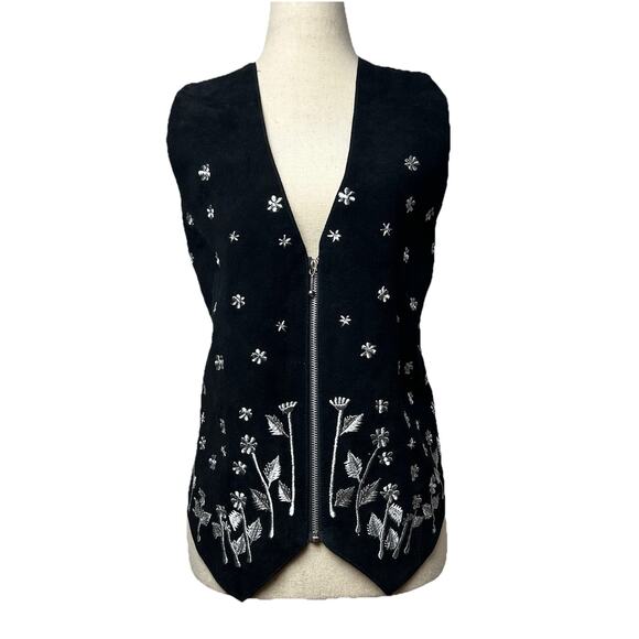 Vintage Y2K Suede Zip Up Vest Size S Floral Embroidered Western Boho - Picture 1 of 7